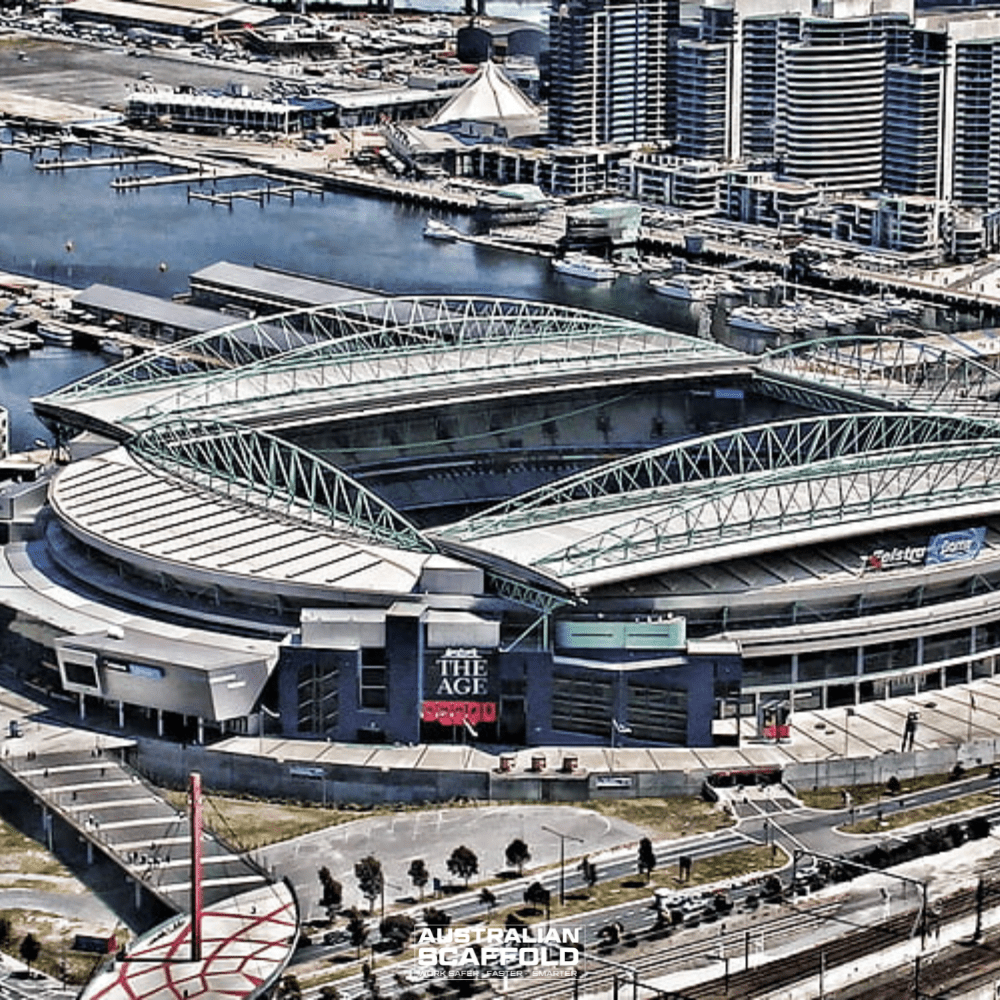 Aerial view of Docklands Stadium in Melbourne with its distinctive retractable roof