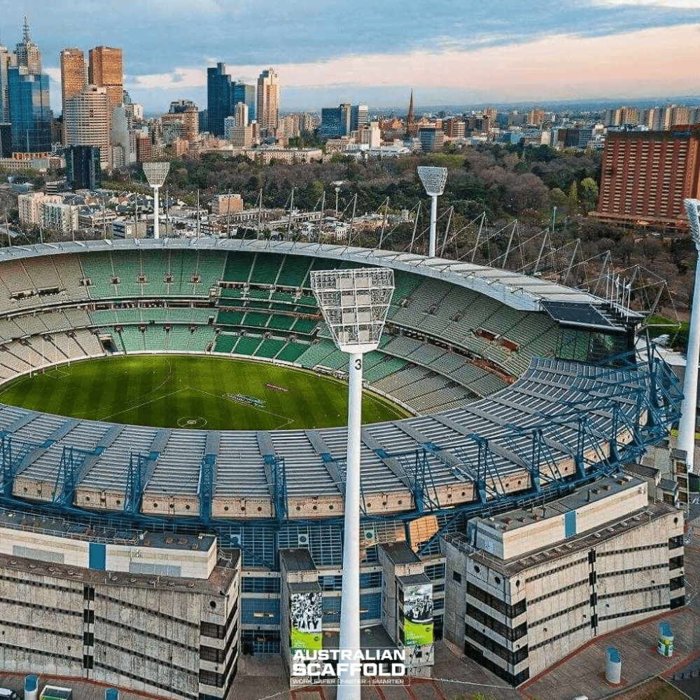 View inside Melbourne Cricket Ground showcasing a vibrant green playing field