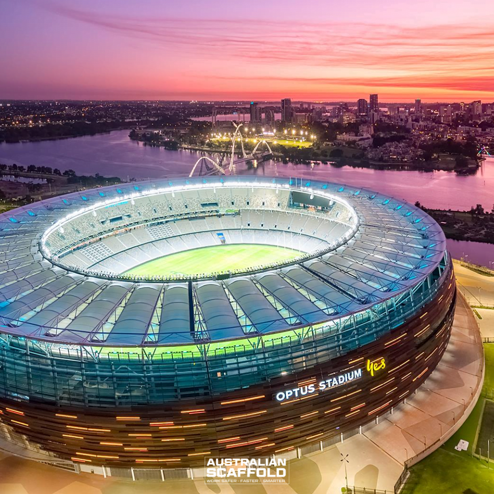 Aerial view of Optus Stadium in Perth during twilight